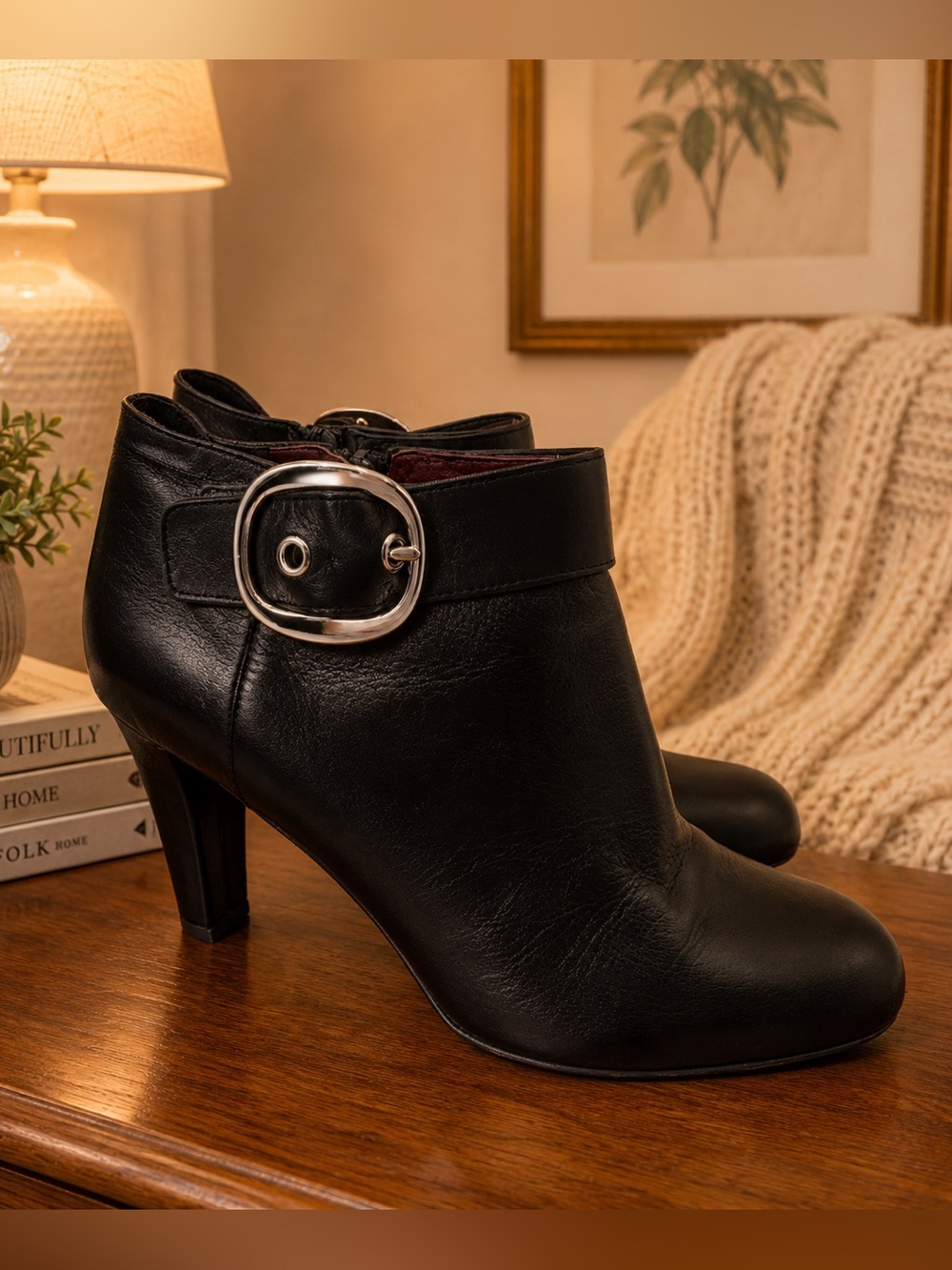 Coach Black Leather Ankle Booties with Silver Buckle 7.5